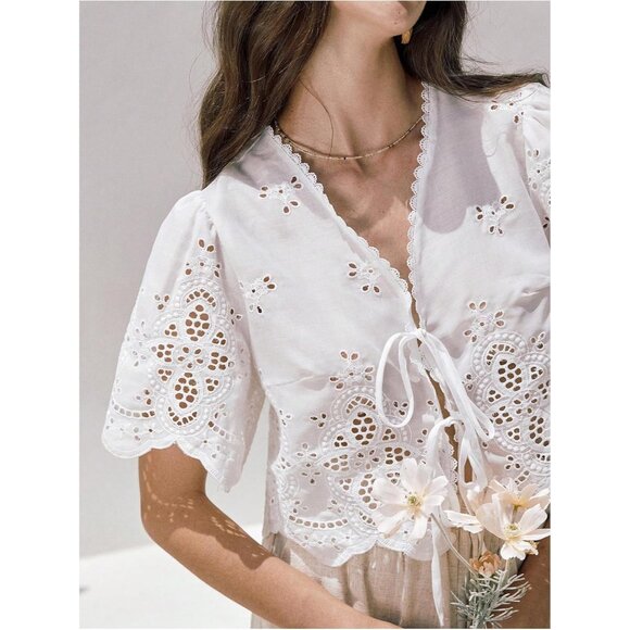 Women's Polyester Crop Top V Neck Ruffle Short Sleeve Summer Blouse - Picture 3 of 5